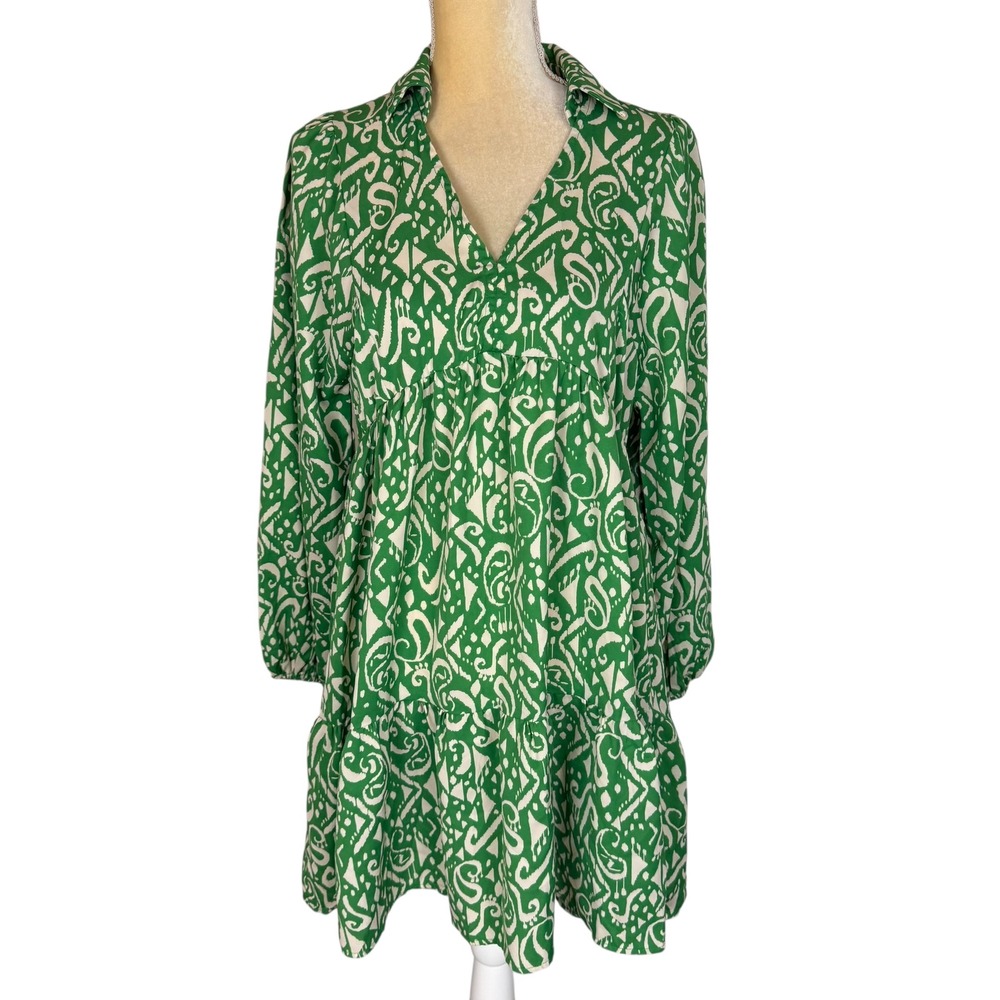 Umgee Green White Abstract Print Tiered Ruffle Collar Long Sleeve Mini Dress S